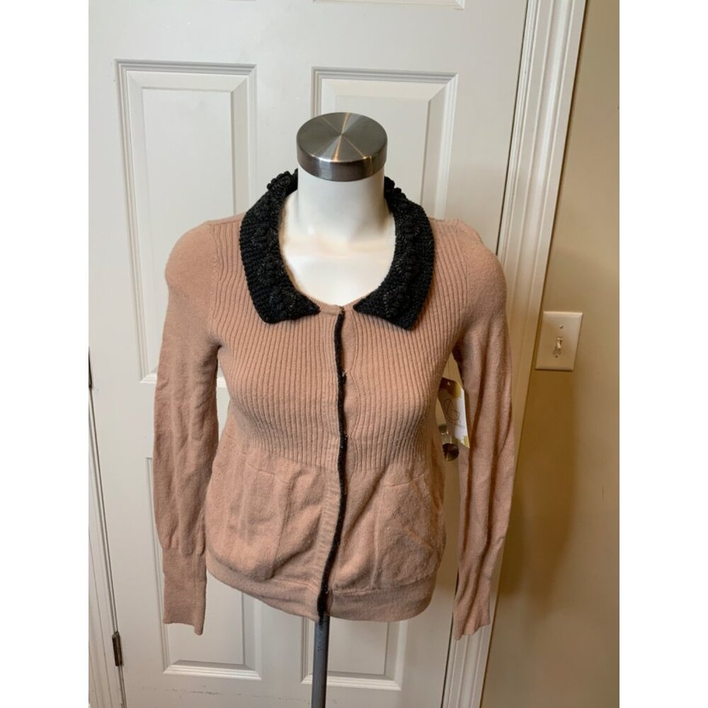 Field Flower Tan Rib Knit Snap Button Cardigan W/ Gray Textured Collar, Size XS
